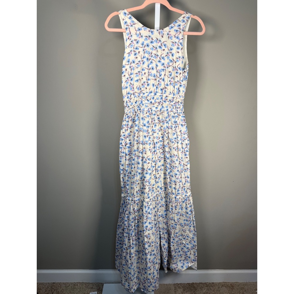 Something Navy Floral Smocked Waist Maxi Dress Cottagecore XS 100% Cotton - Picture 8 of 9